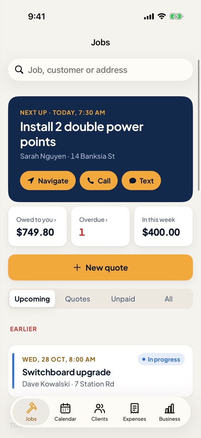 The Jobs screen: next job with Navigate, Call and Text, money owed and overdue, and the day's jobs