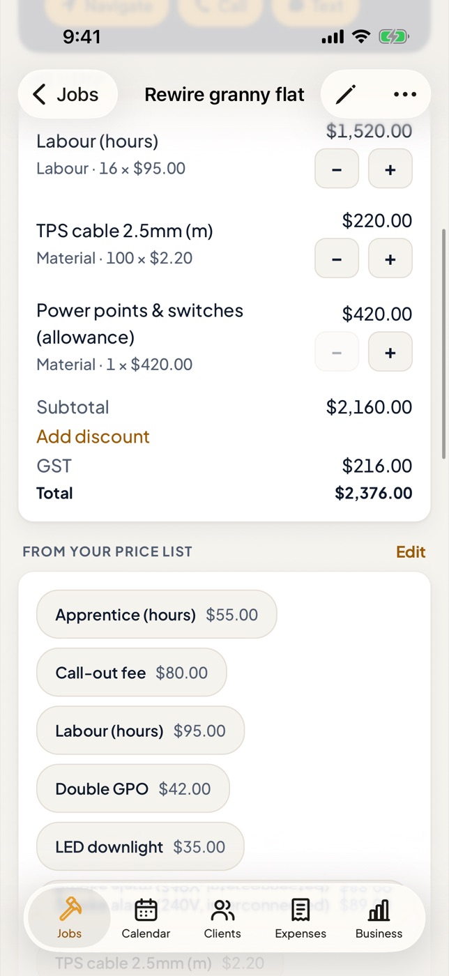 A quote with labour and materials, quantity buttons, GST and total, and saved prices to add with a tap