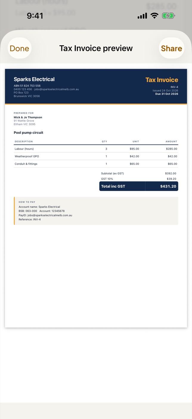 A tax invoice PDF with ABN, line items, GST, total and bank details, ready to email